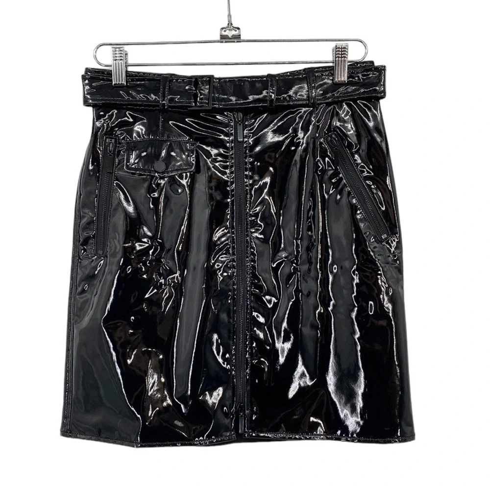 W by Worth Faux Patent Leather Pencil Skirt Women Size 2 Black Glossy Shiny Mini